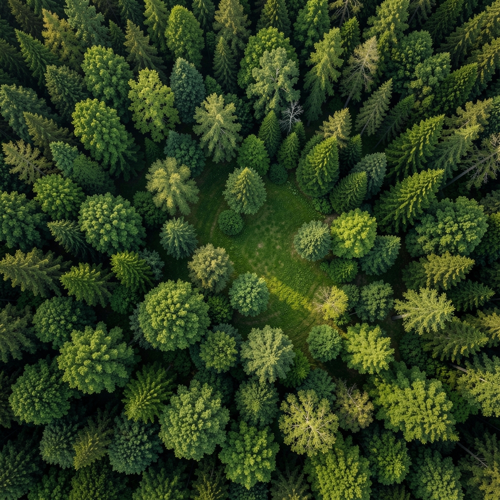 Vue aérienne d'une forêt dense aux tons verts profonds avec des clairières lumineuses, textures naturelles de la canopée vues de haut, atmosphère sereine et organique