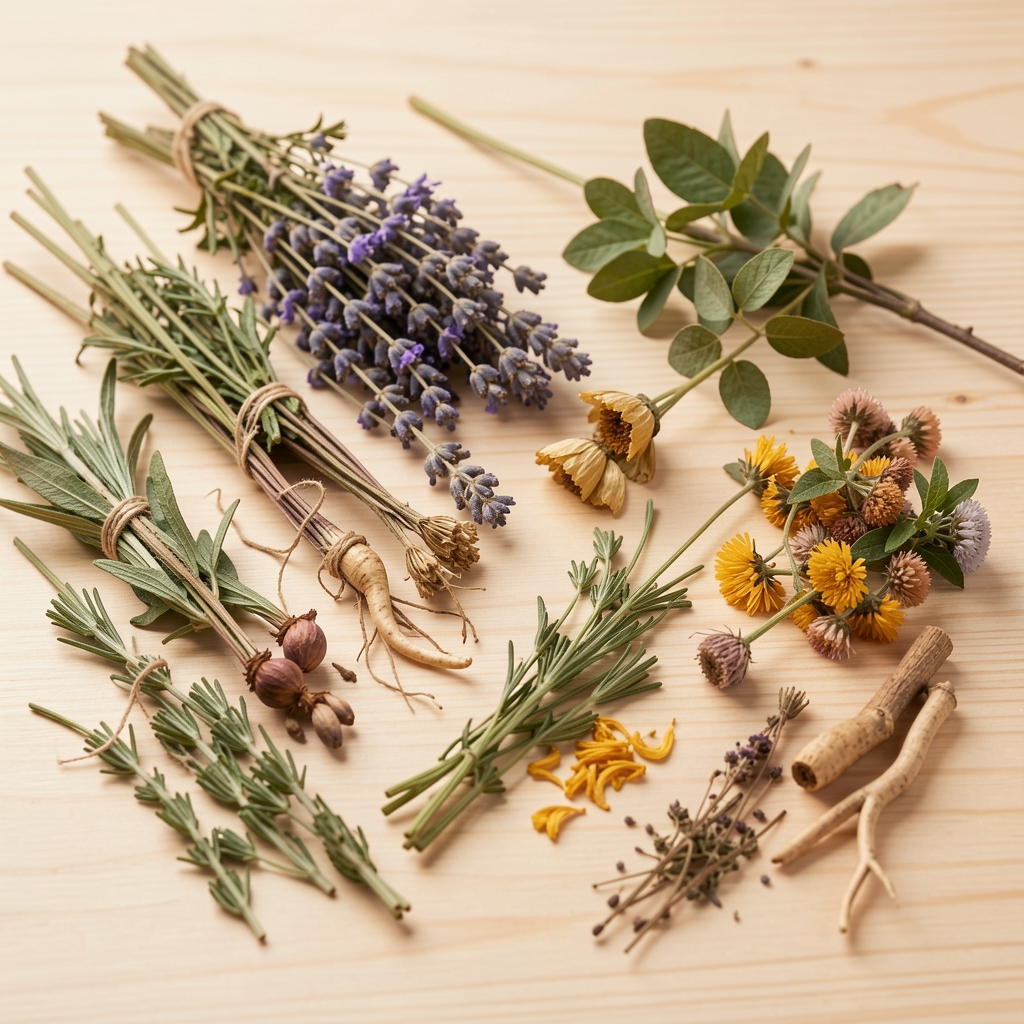 Disposition soignée d'herbes botaniques séchées, de racines et de plantes médicinales sur une surface en bois clair, présentation naturaliste et esthétique