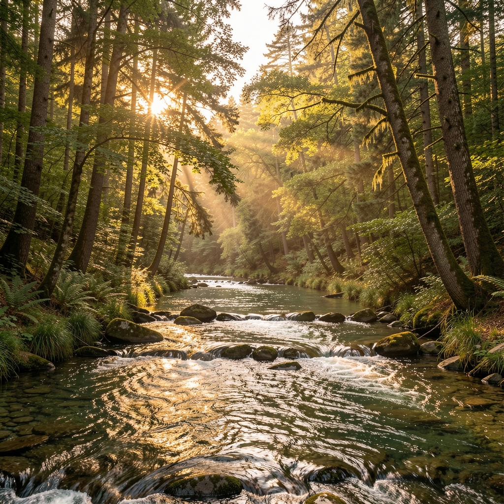 Paysage naturel paisible avec une rivière claire qui coule à travers une forêt dense, lumière du soir dorée filtrant entre les arbres, ambiance contemplative